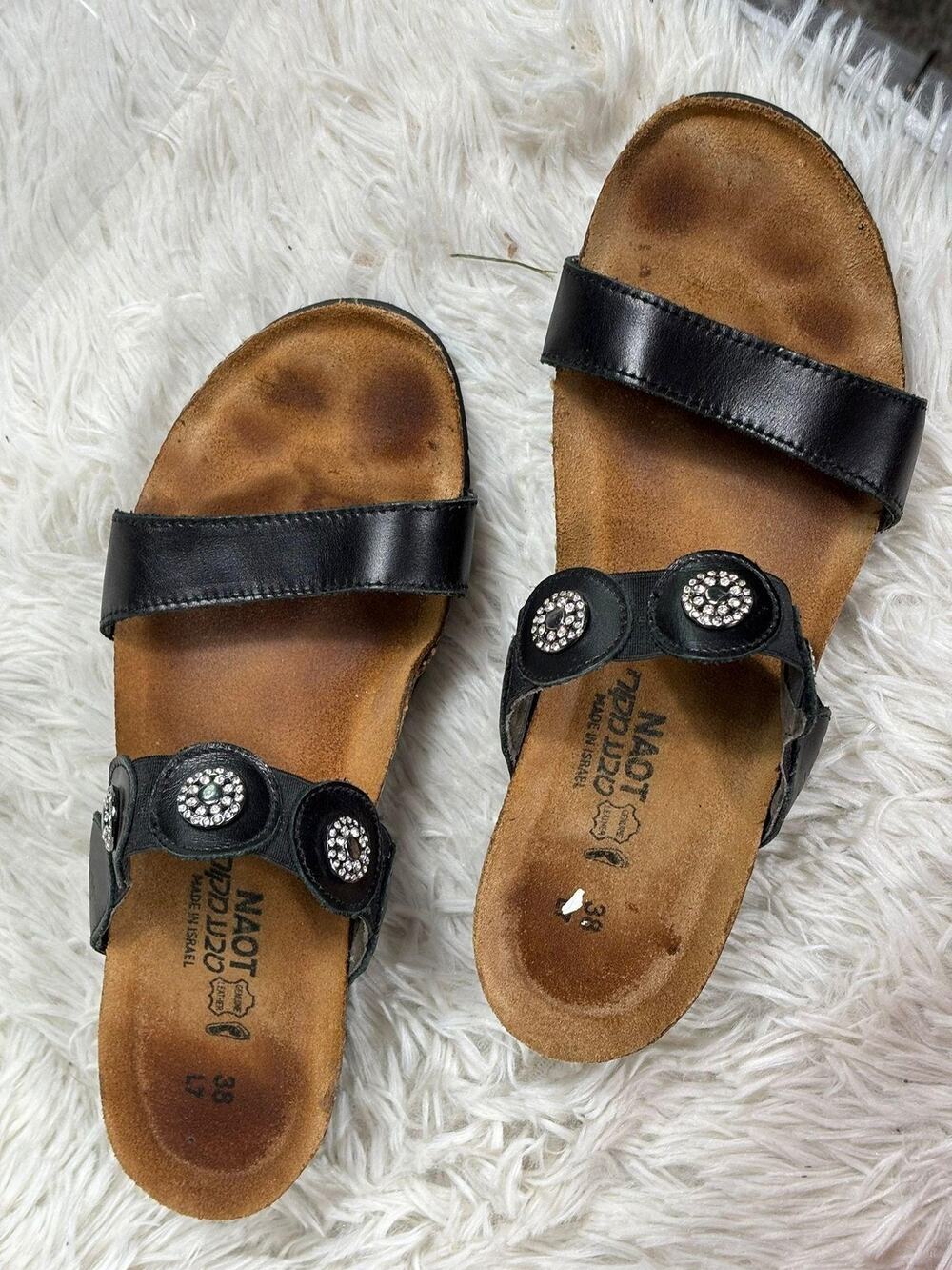 Naot Sandals Womens Size 7 EU 38 Black Leather Rhinestone Cork Wedge Slide